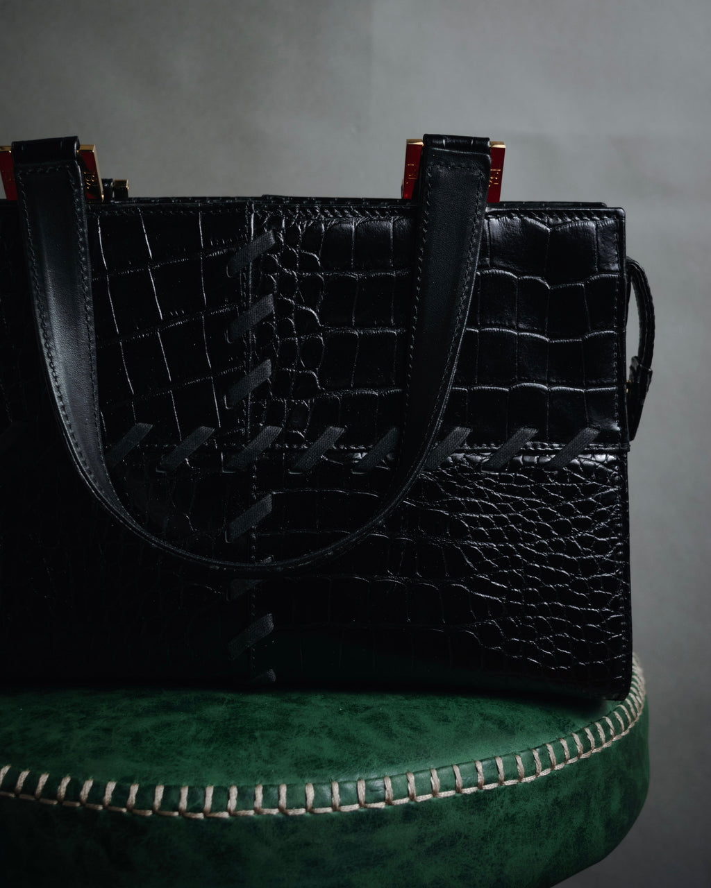 "YVES SAINT LAURENT" 90’s crocodile embossed lace up handbag
