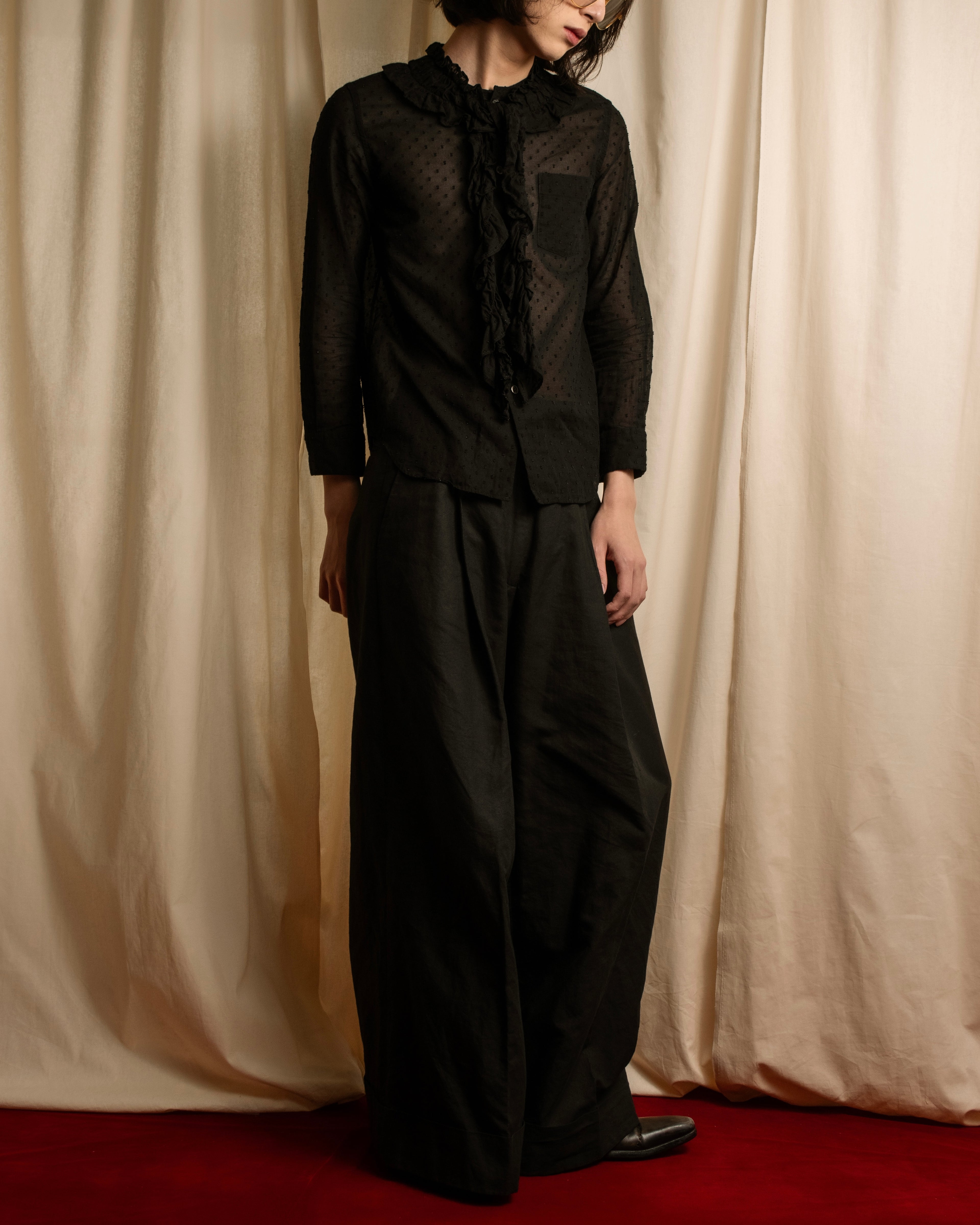 "tricot COMME des GARCONS"  80's Tiered ruffle design, dotted sheer blouse