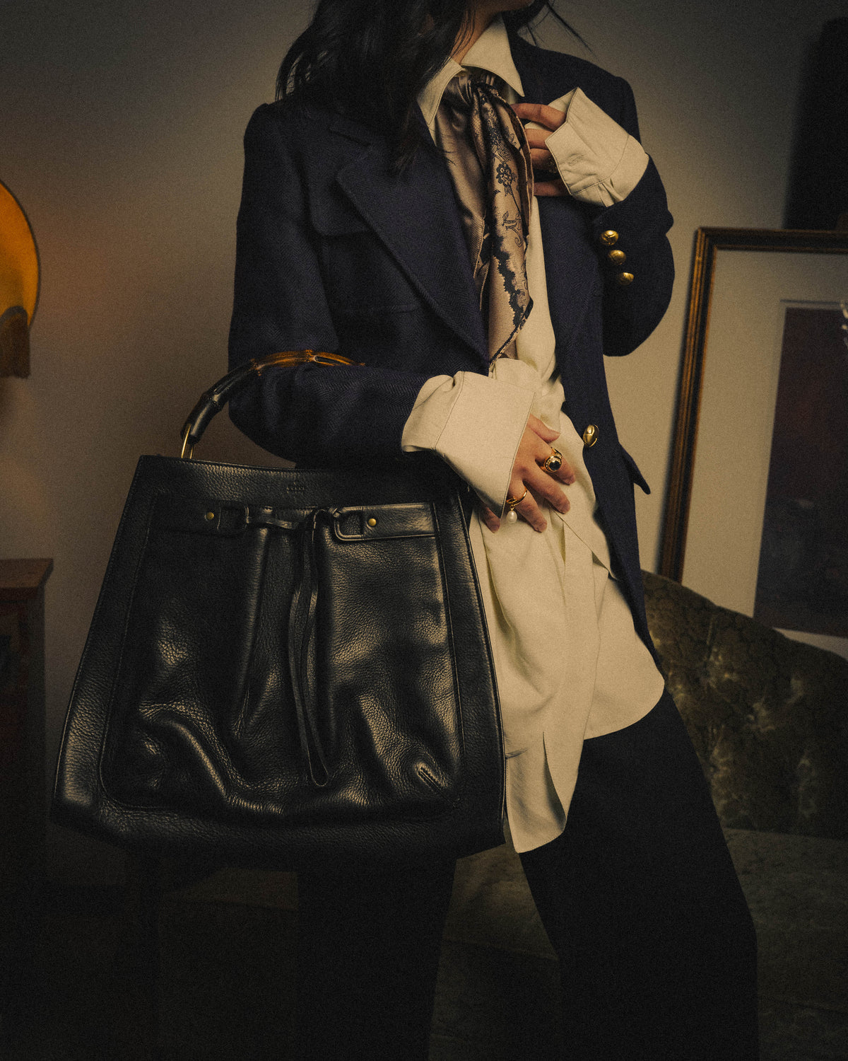 –SPECIAL– “GUCCI” 90’s-00’s Bamboo handle drawstring leather tote bag
