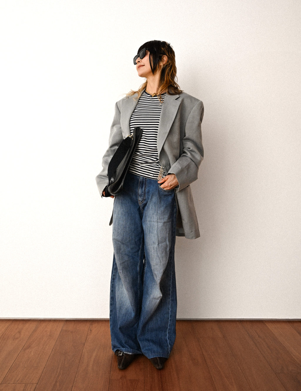 Carven/ Single Breasted 2B Herringbone Oversized Tailored Jacket Gray