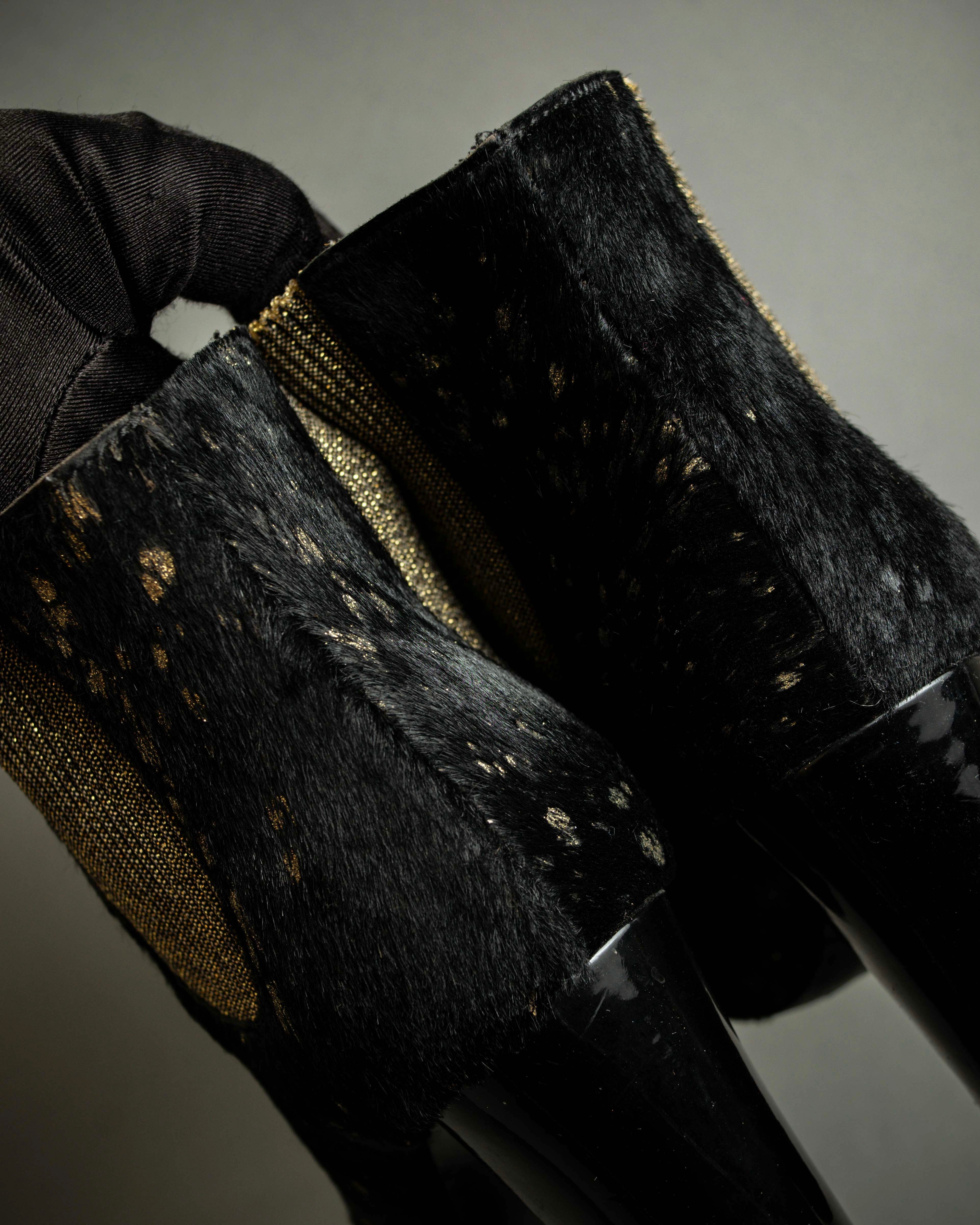 "CHANEL" Gold particle design pony leather heel boots