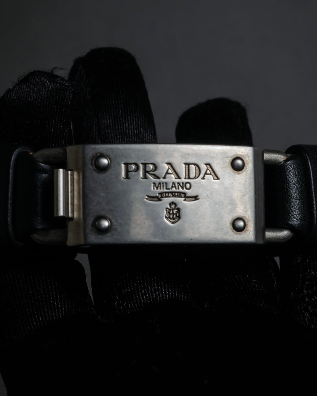 "PRADA" Logo engraved metal plate design leather bracelet