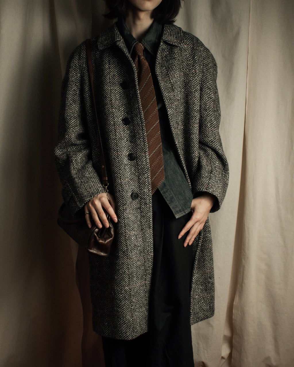 "BURBERRYS" British tweed fly front stand collar coat