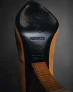 "HERMES" 00’s-10’s Suede V-cut  sculptural wood heel pumps