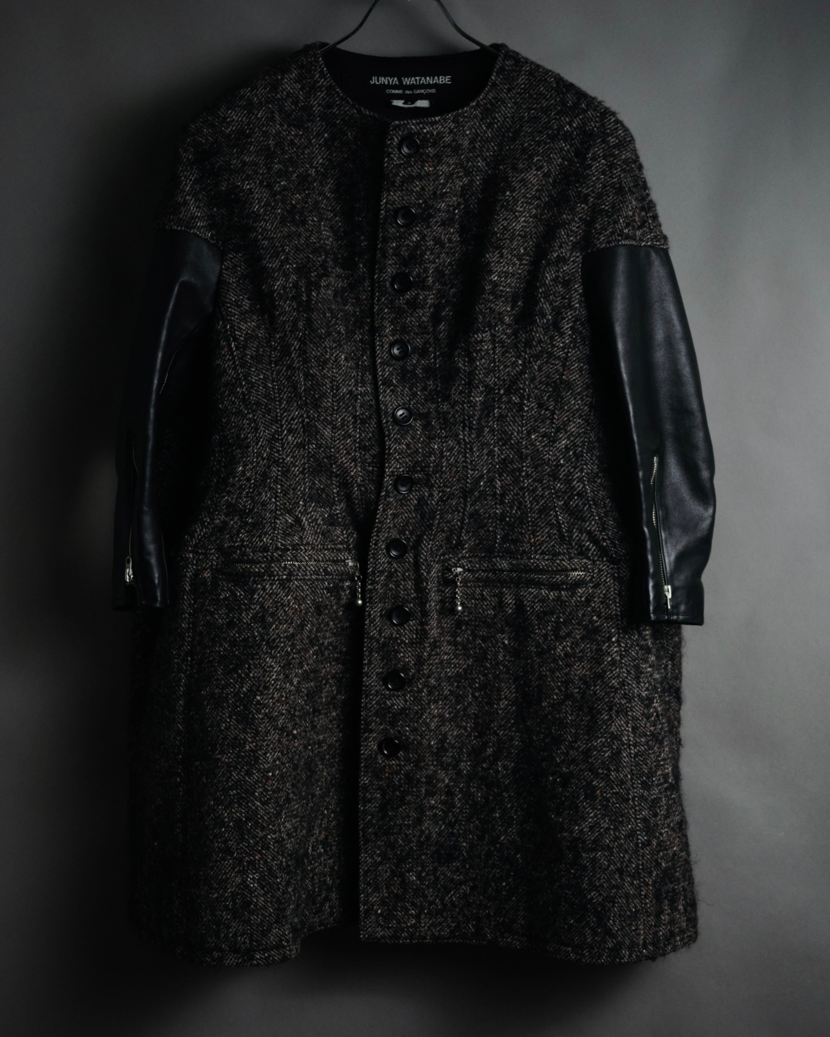 “JUNYA WATANABE COMME des GARCONS” 2011 aw Herringbone tweed long coat with leather sleeves