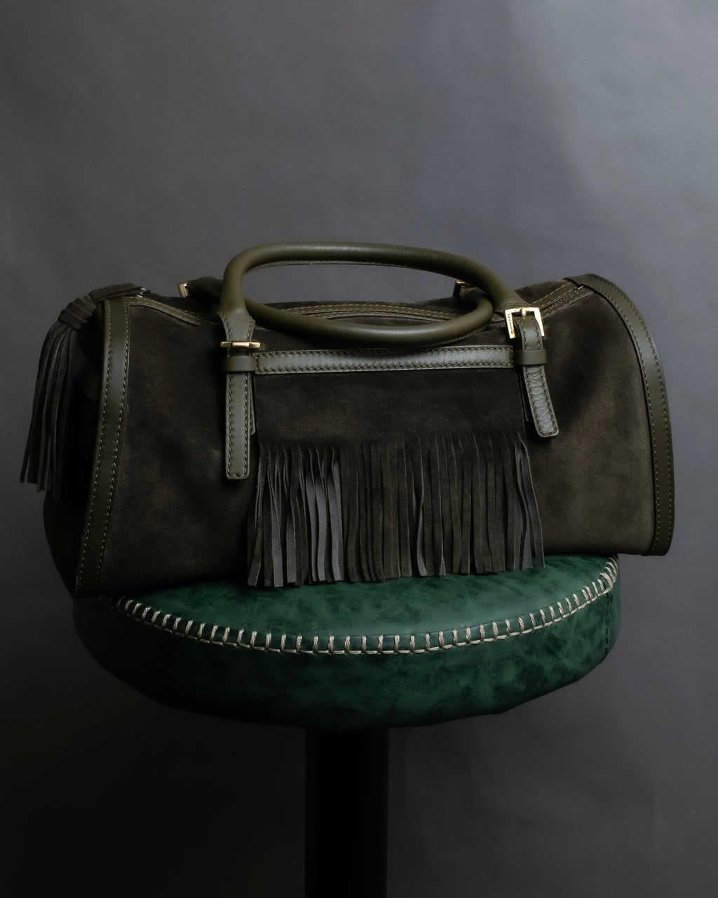 "BURBERRY" Olive green fringe design boston bag