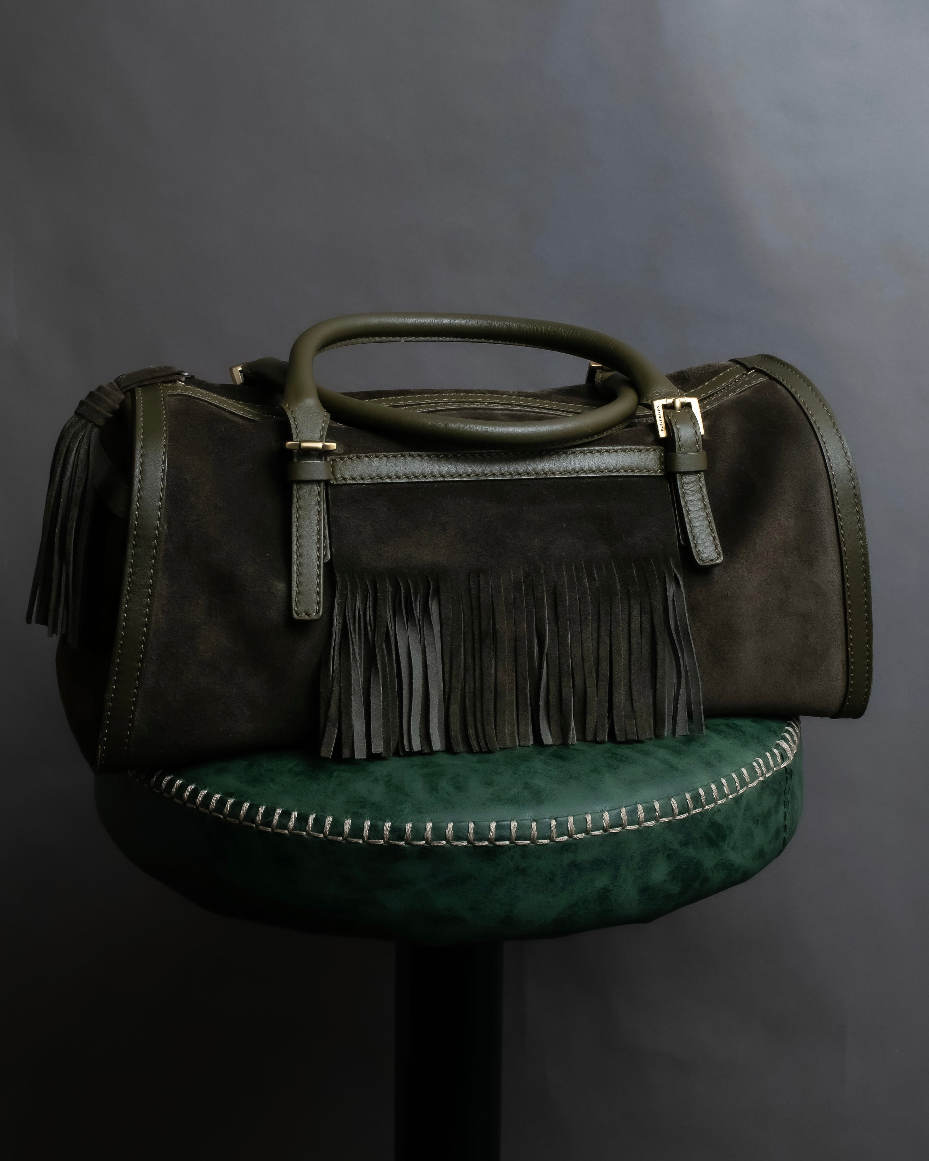 "BURBERRY" Olive green fringe design boston bag