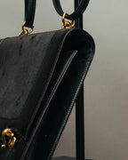 -SPECIAL- “HERMÈS” 80’s-90’s Camargue black leather and canvas shoulder bag