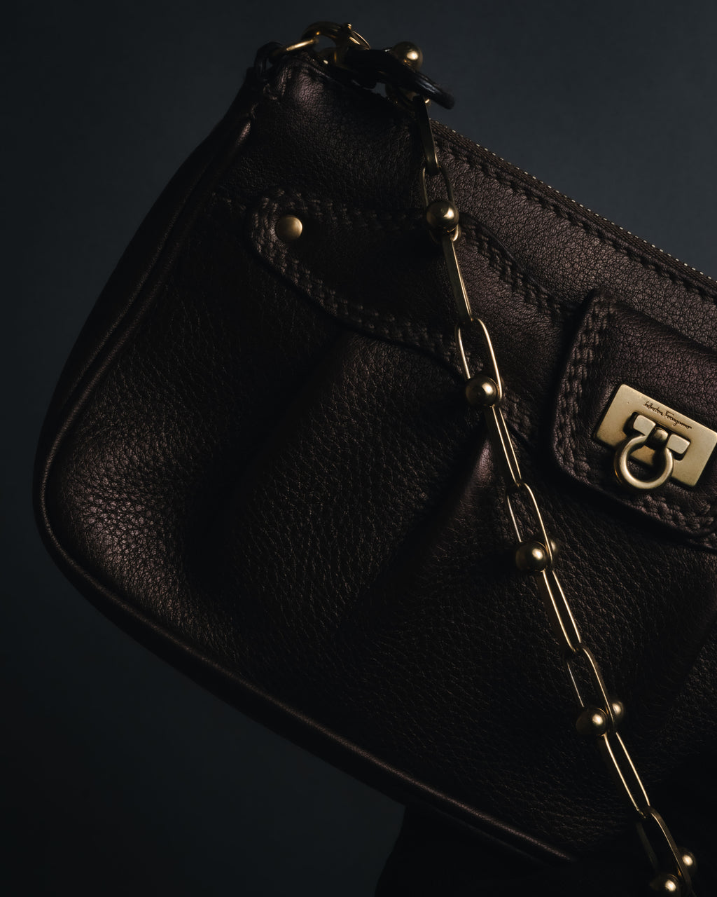 "Salvatore Ferragamo" 2000’s gathered metallic leather ball-link shoulder bag