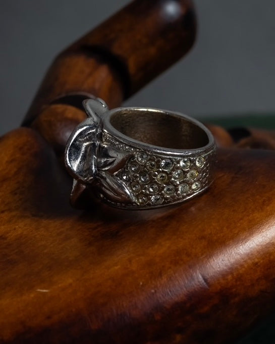 "CHANEL" Camellia motif rhinestone logo design ring