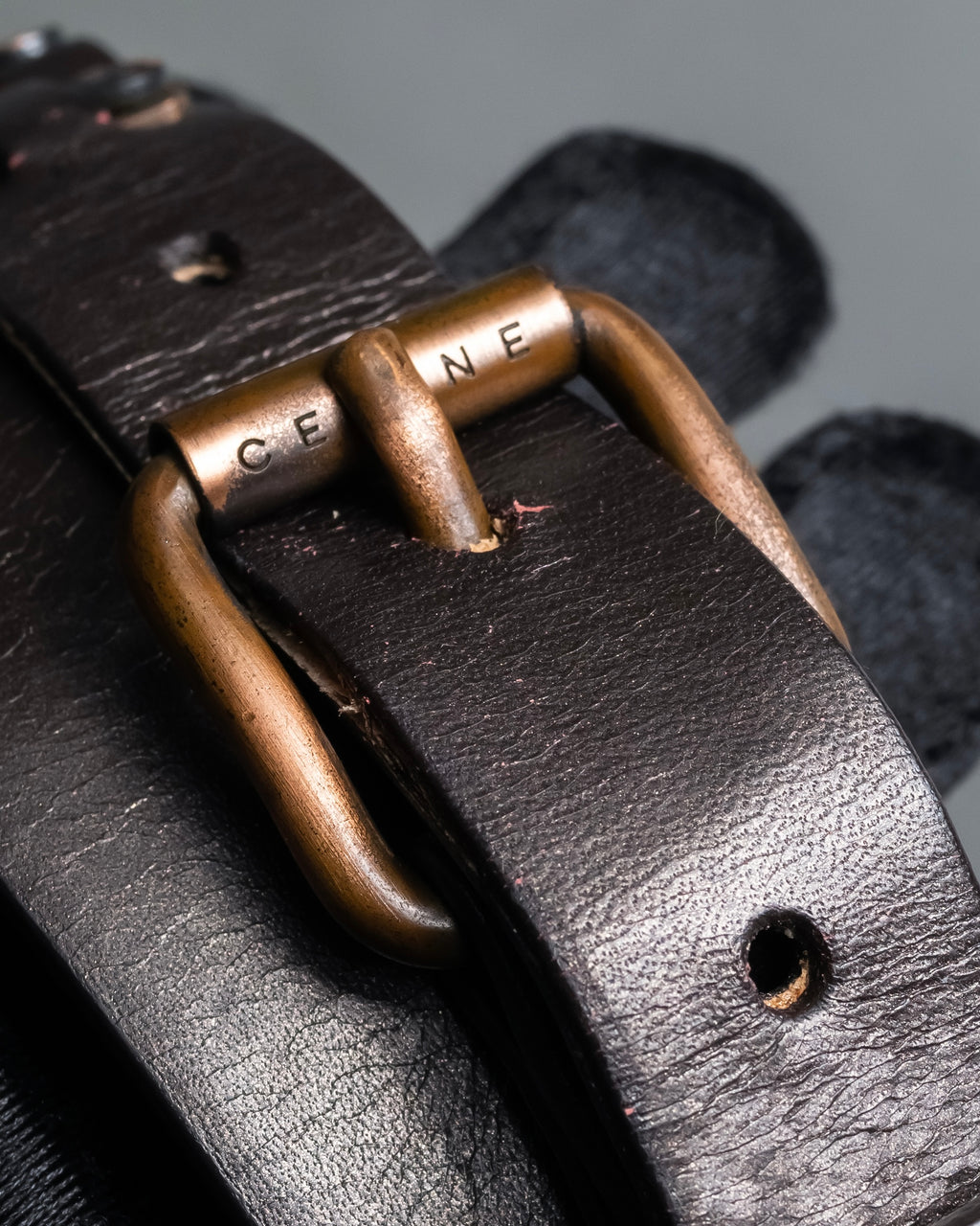 "CELINE" Triomphe motif stud design leather narrow belt