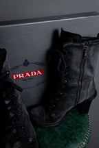 "PRADA" Military detail brushed leather lace-up long boots