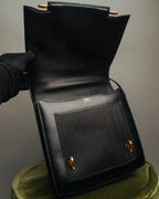 -SPECIAL- “HERMÈS” 80’s-90’s Camargue black leather and canvas shoulder bag