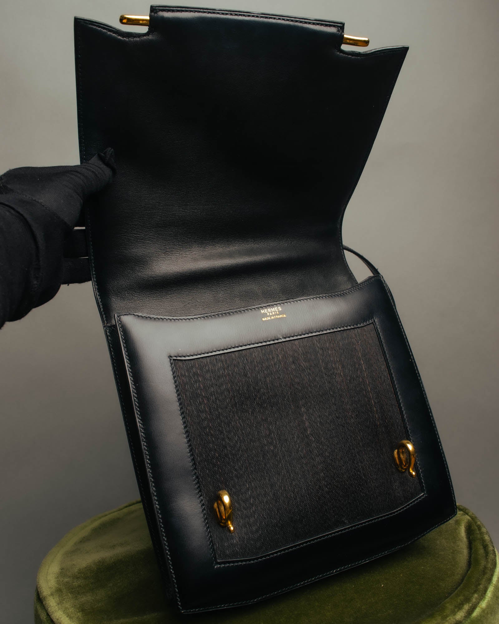-SPECIAL- “HERMÈS” 80’s-90’s Camargue black leather and canvas shoulder bag