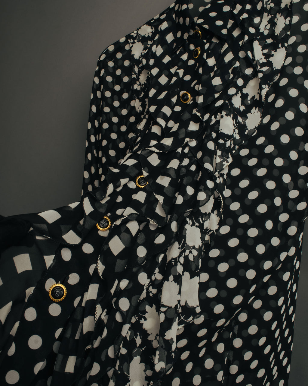 “GIANNI VERSACE COUTURE” 90’s Sheer mixed pattern ruffle blouse
