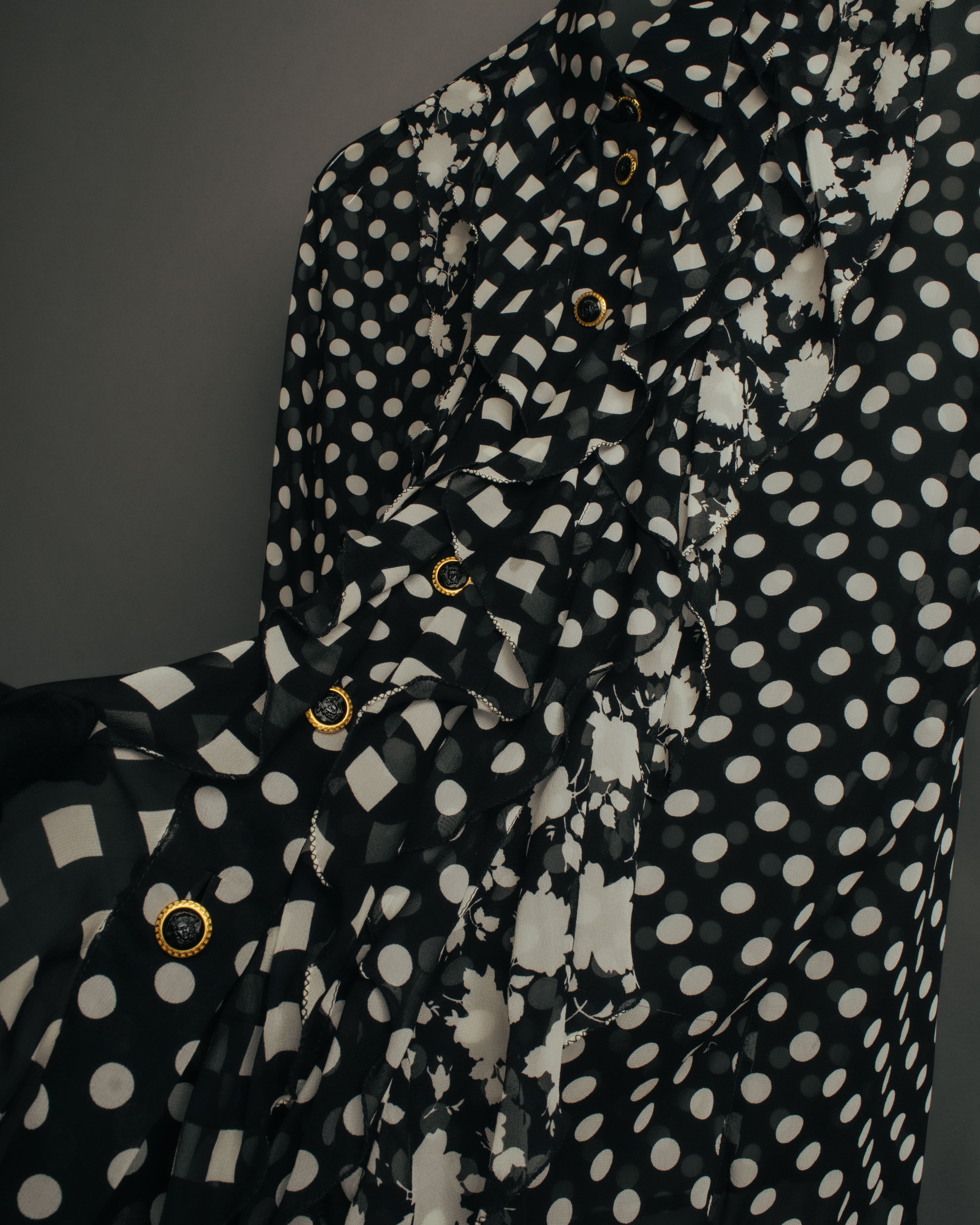 “GIANNI VERSACE COUTURE” 90’s Sheer mixed pattern ruffle blouse