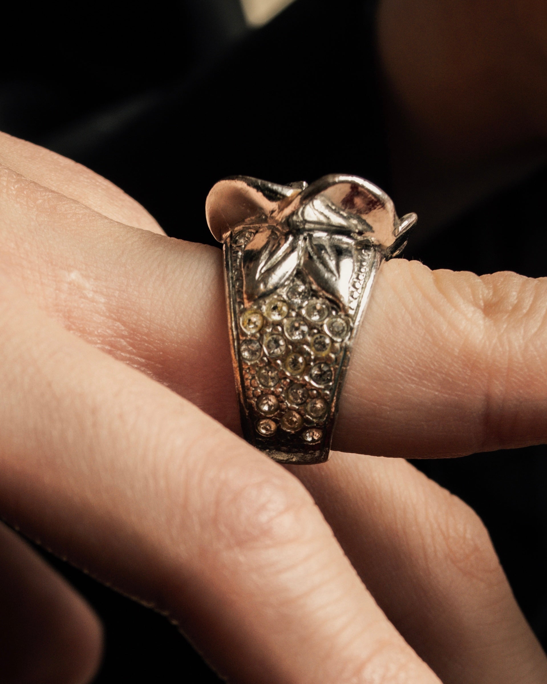 "CHANEL" Camellia motif rhinestone logo design ring