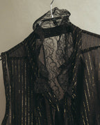 “PINKO” 2010’s Metallic striped lace georgette bow blouse