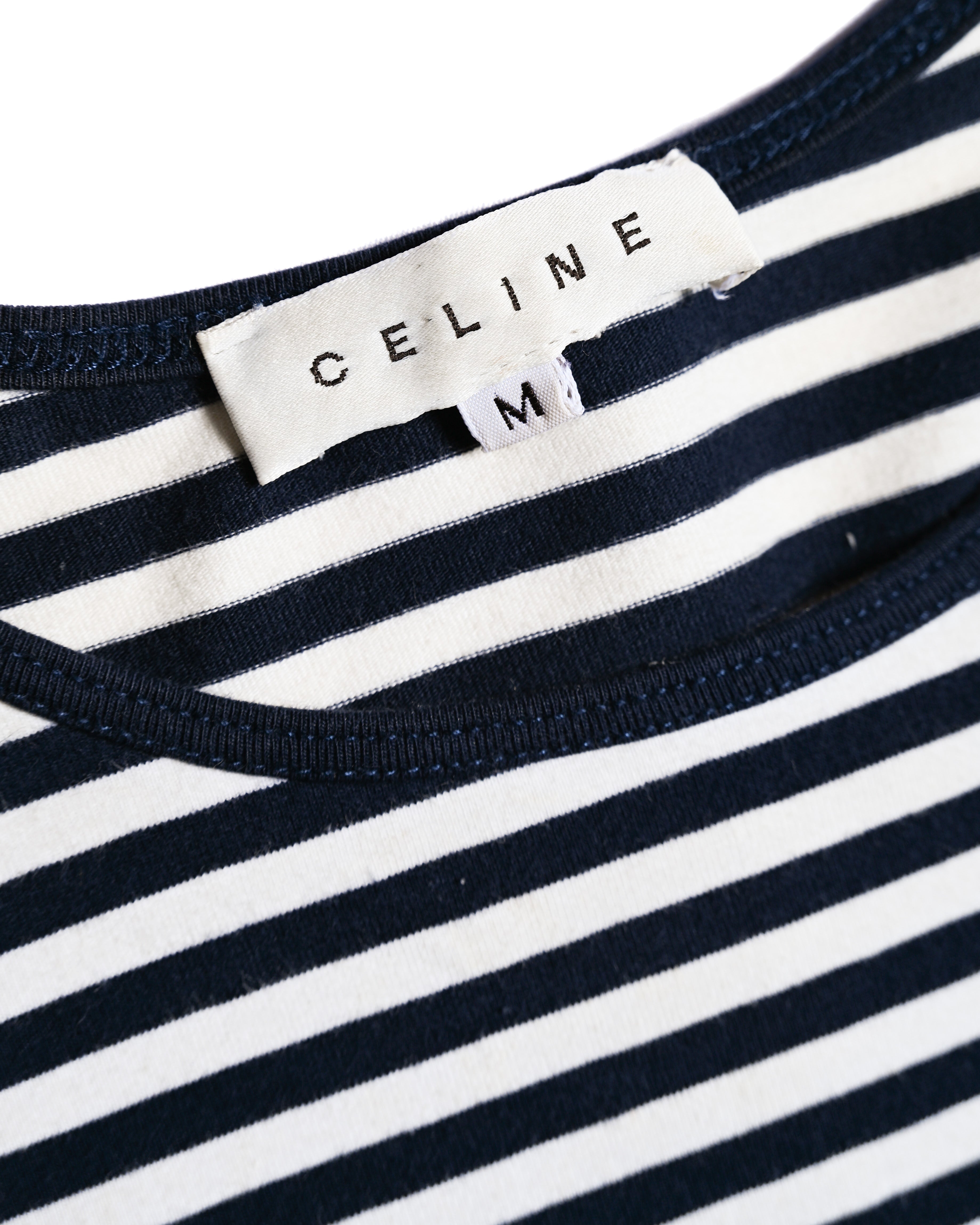 CÉLINE/ Classical Tight Fit Crew Neck Striped Top Navy × White