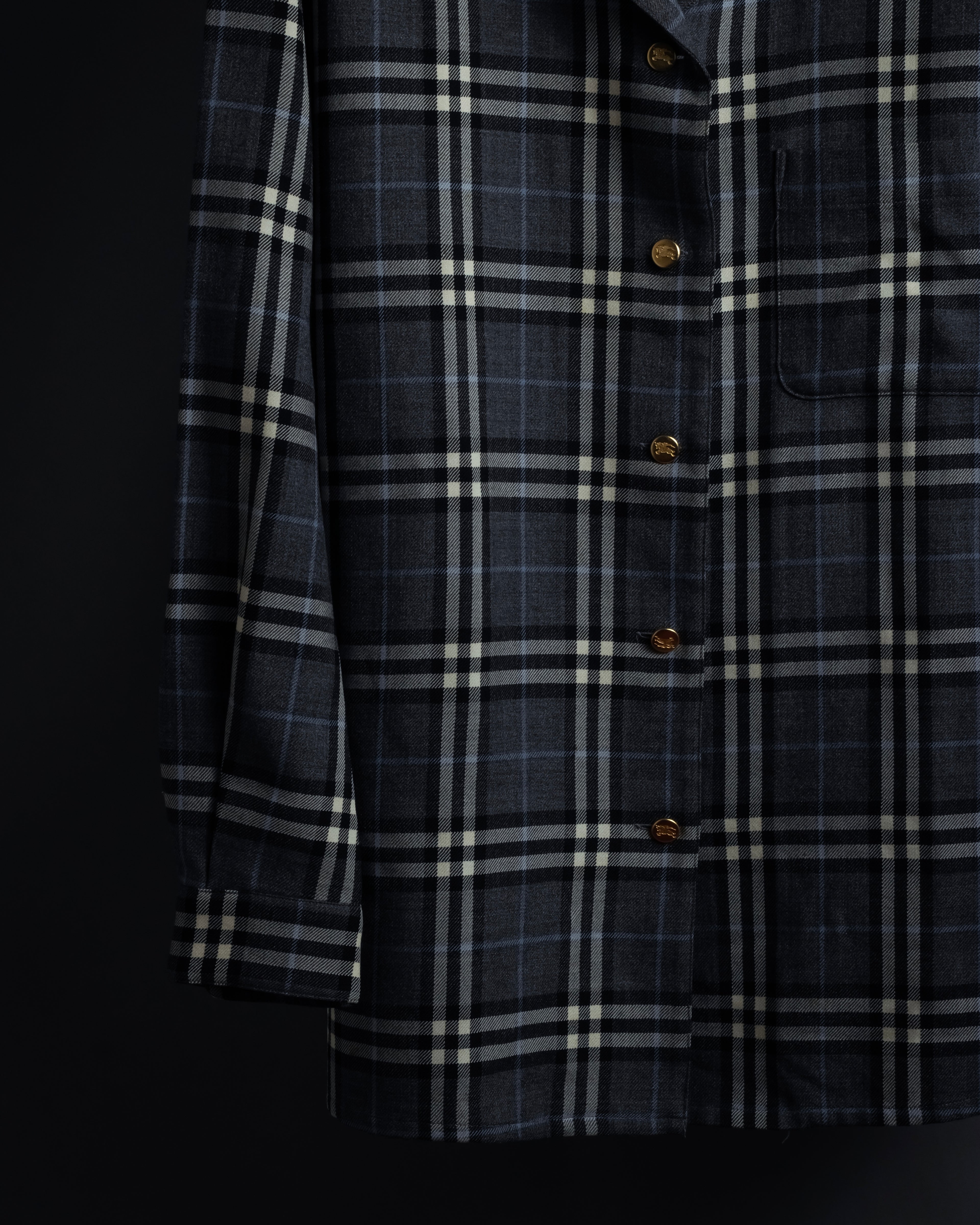 "BURBERRYS" Gold metal button design check pattern wool shirt