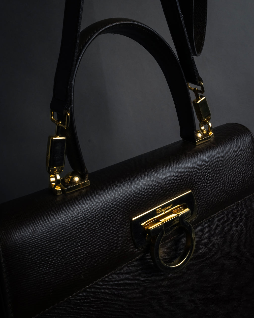 "Salvatore Ferragamo" Structured Gancini 2way dark brown leather bag
