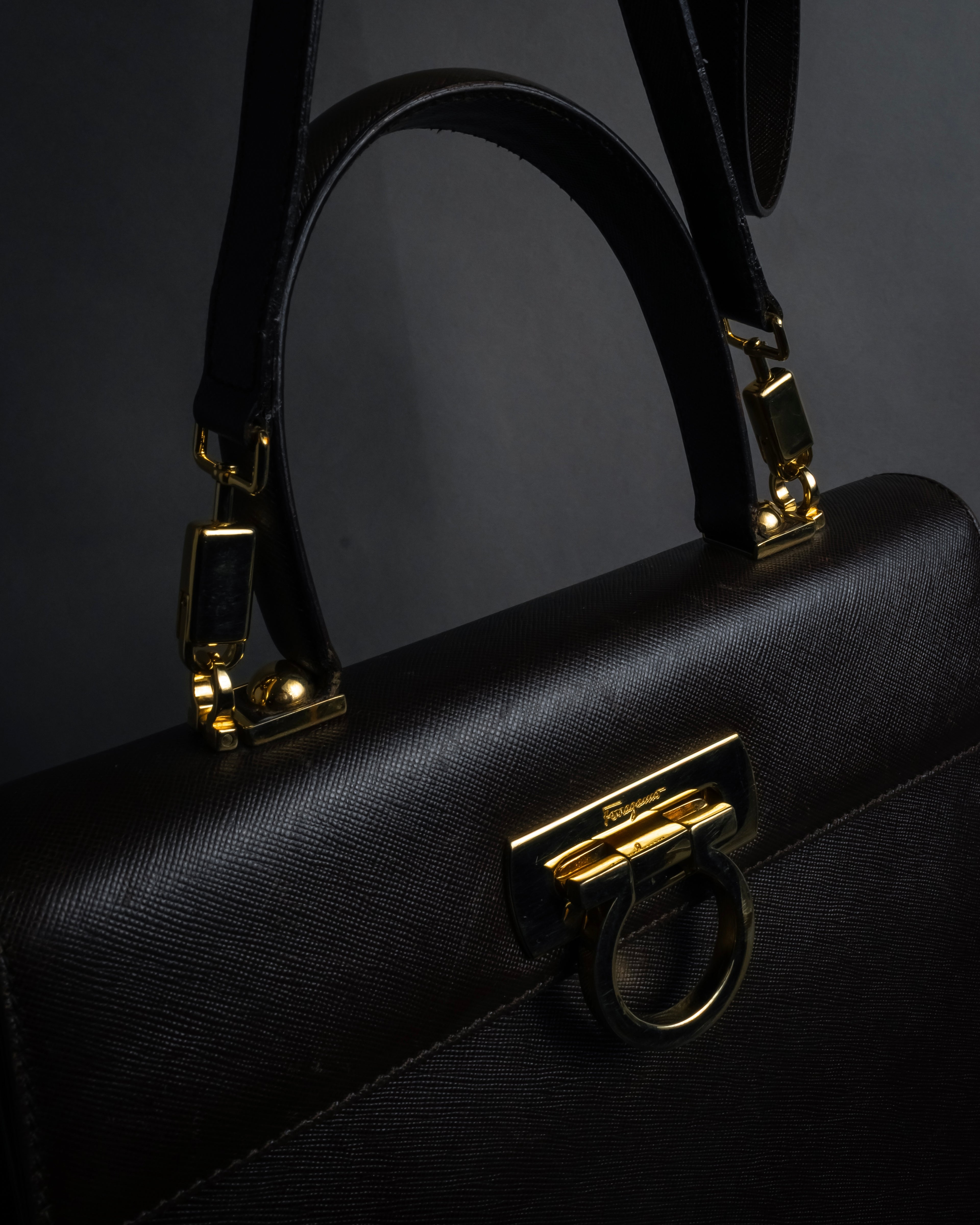 "Salvatore Ferragamo" Structured Gancini 2way dark brown leather bag