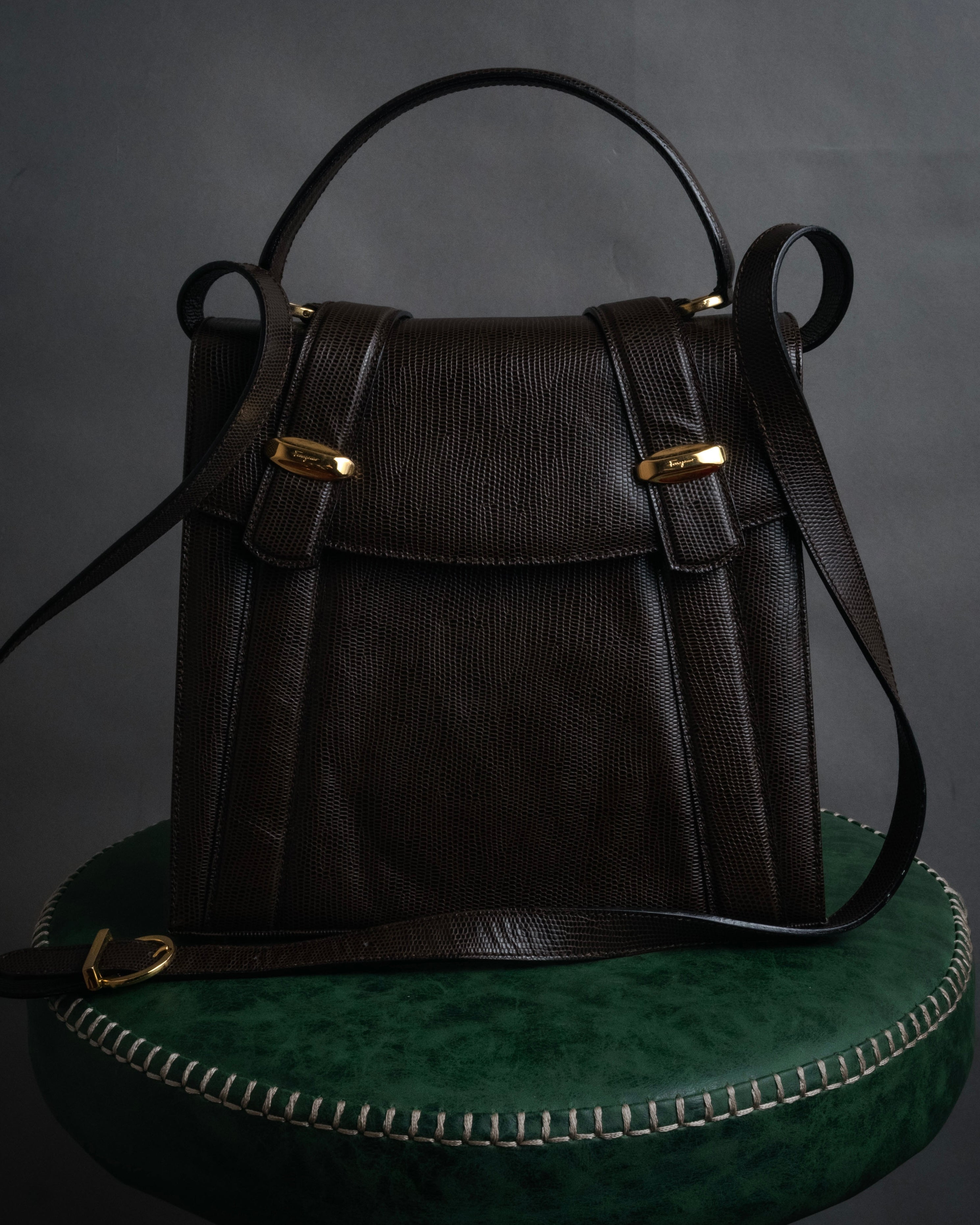 “Salvatore Ferragamo” 90’s Lizard embossed top handle shoulder bag