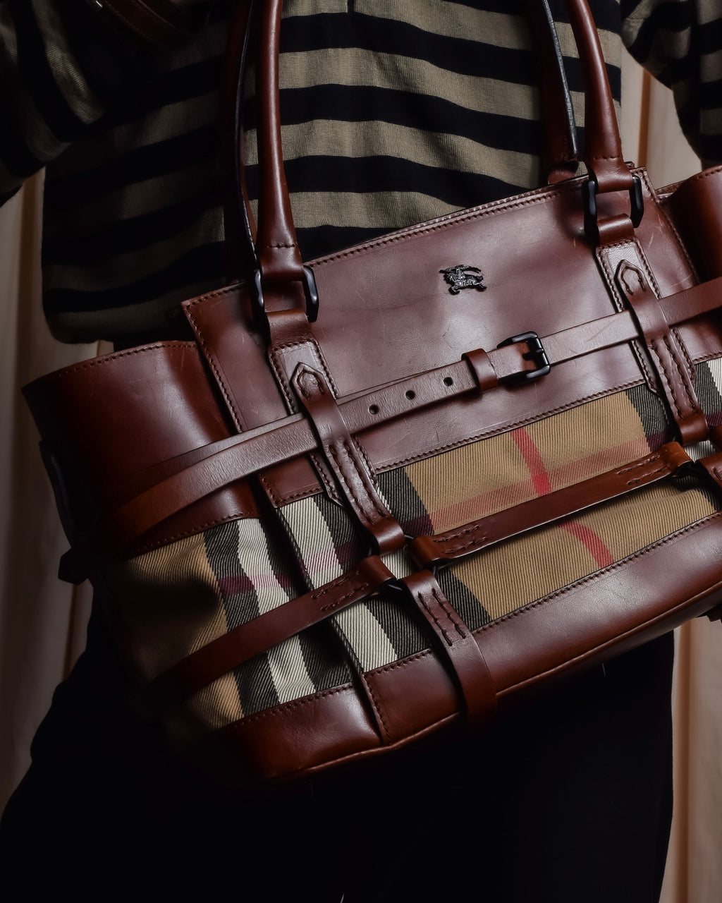 "BURBERRY" Harness detail check canvas leather bag