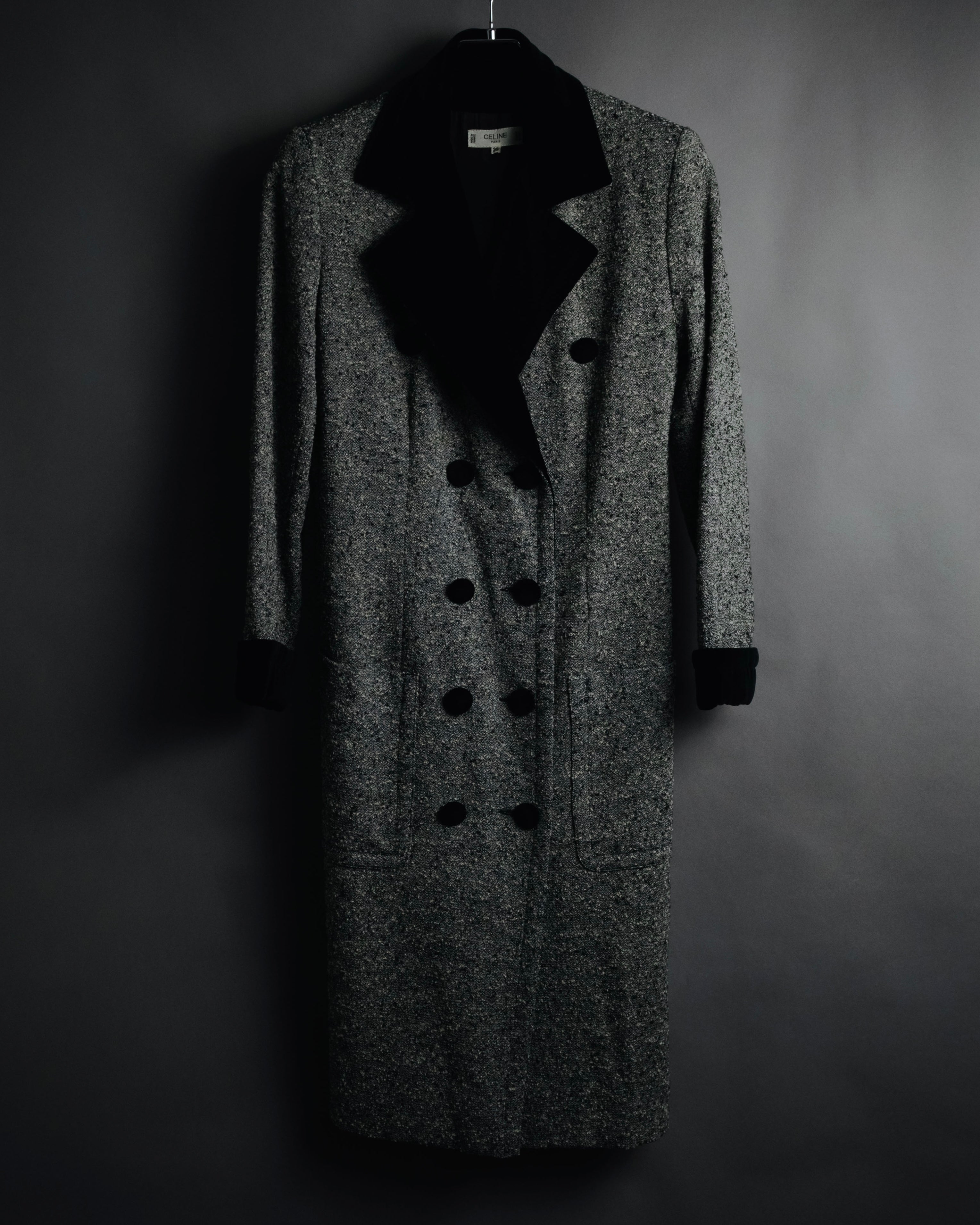 –SPECIAL– "CELINE" 70’s-80’s Classic tweed velvet-collar long coat