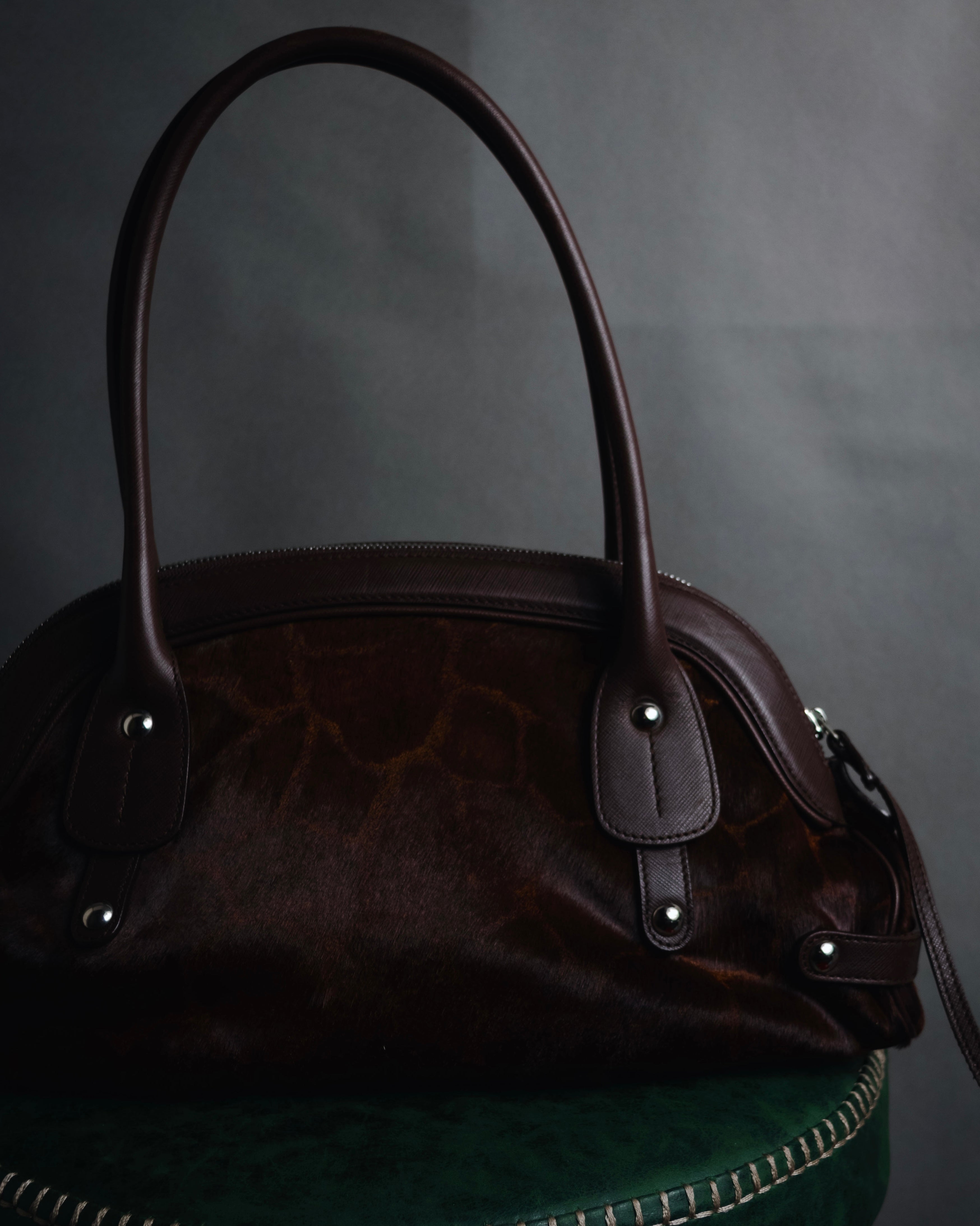 –SPECIAL– "Salvatore Ferragamo" 00’s calf hair gancini rattan accent handbag