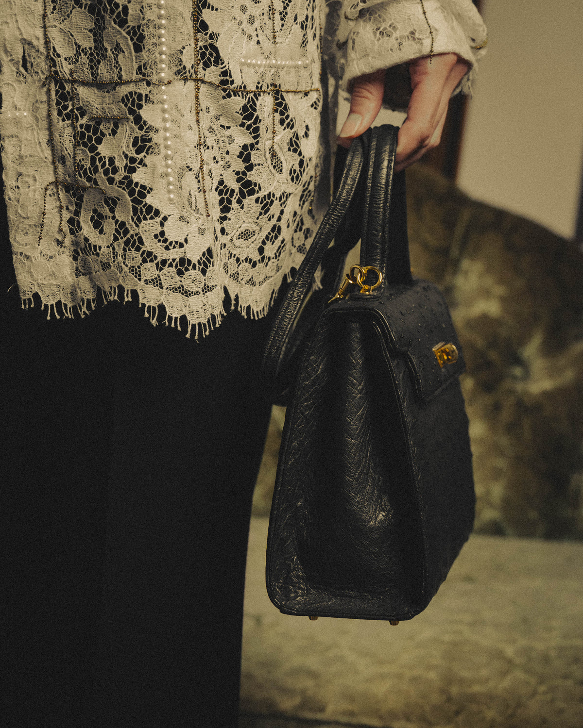 -SPECIAL- "Balenciaga" 90's-00's Ostrich leather structured top handle bag