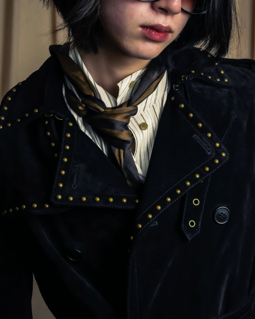 "Saint Laurent" 19AW gold studs design suede long coat