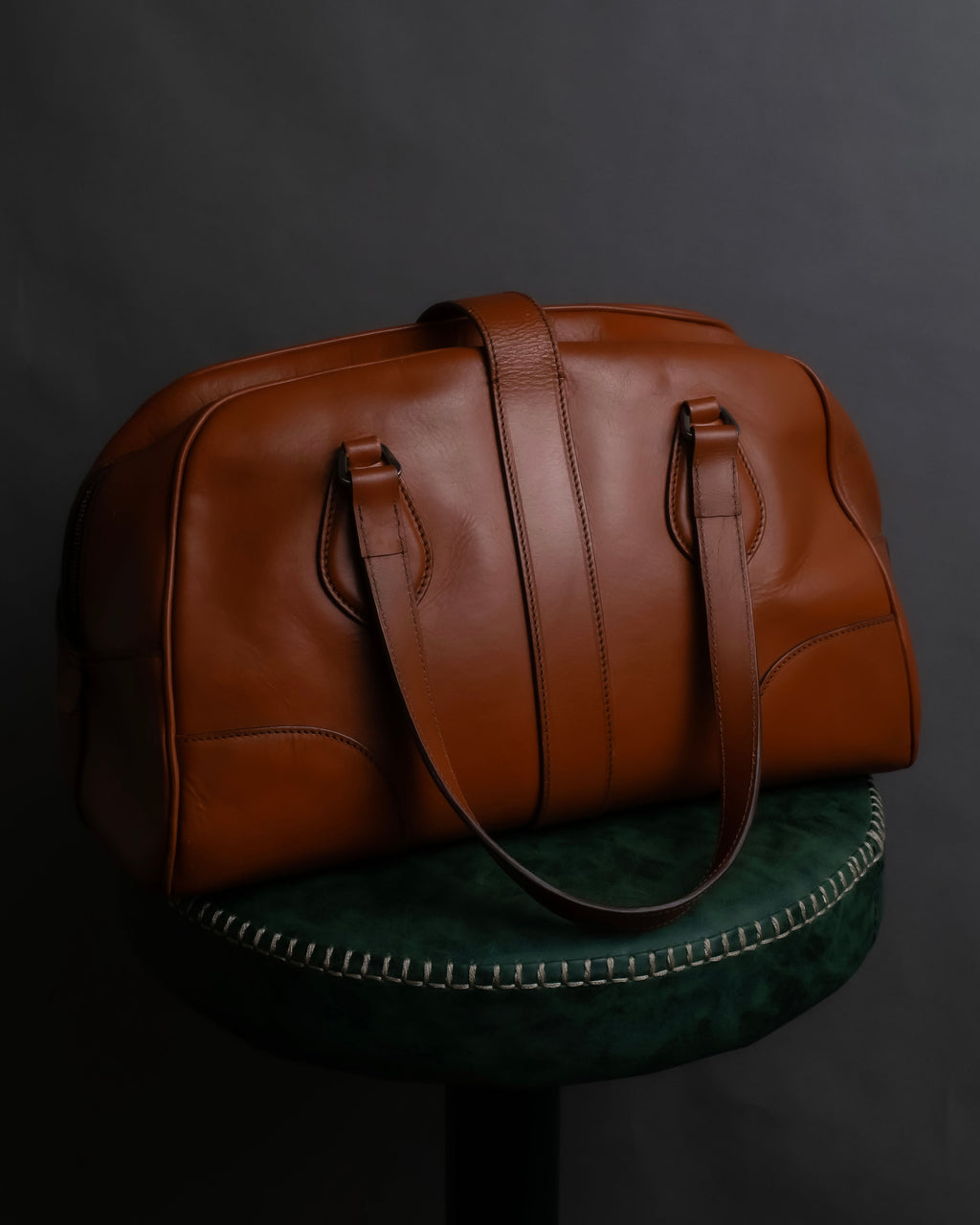 "PRADA" Belt flap detail rounded boston leather bag