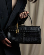 "YVES SAINT LAURENT" Whip stitch design crocodile foil stamped leather hand bag