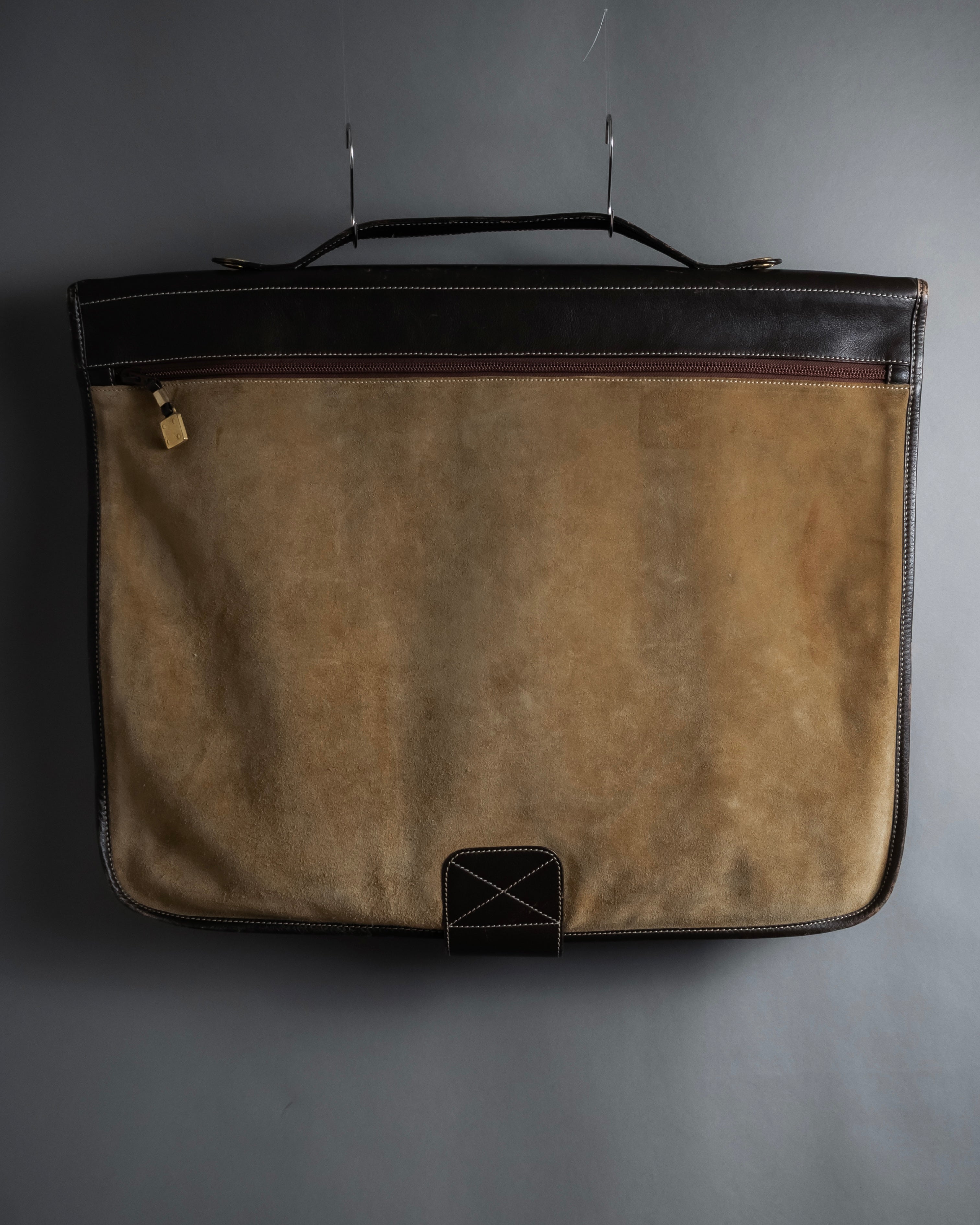 "LOEWE" 80's-90's Logo engraved suede leather combination business bag