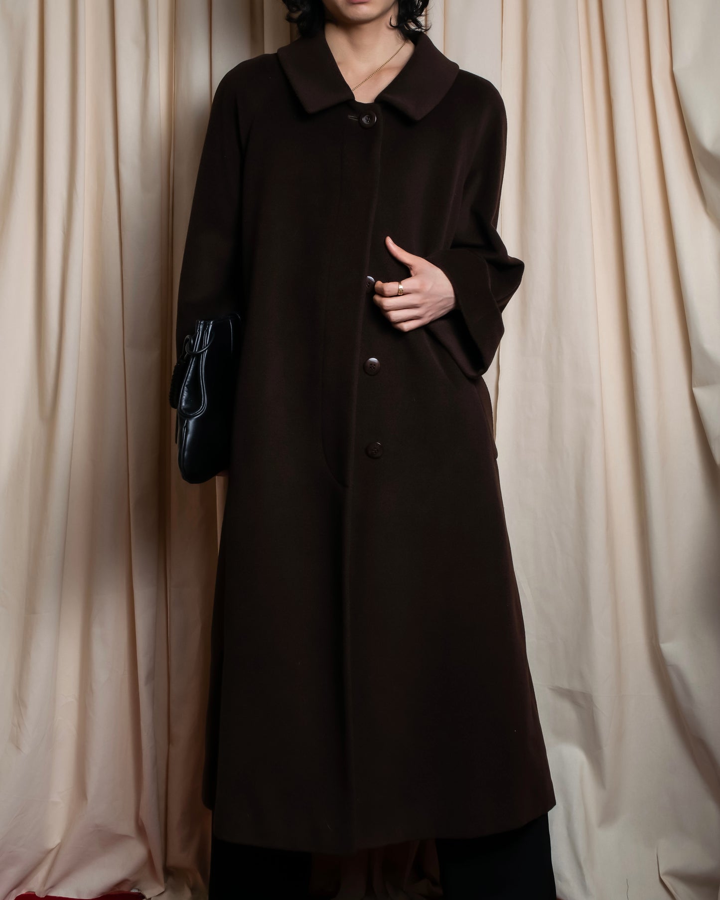 "BURBERRYS" Fly front deep brown soutien collar super long coat