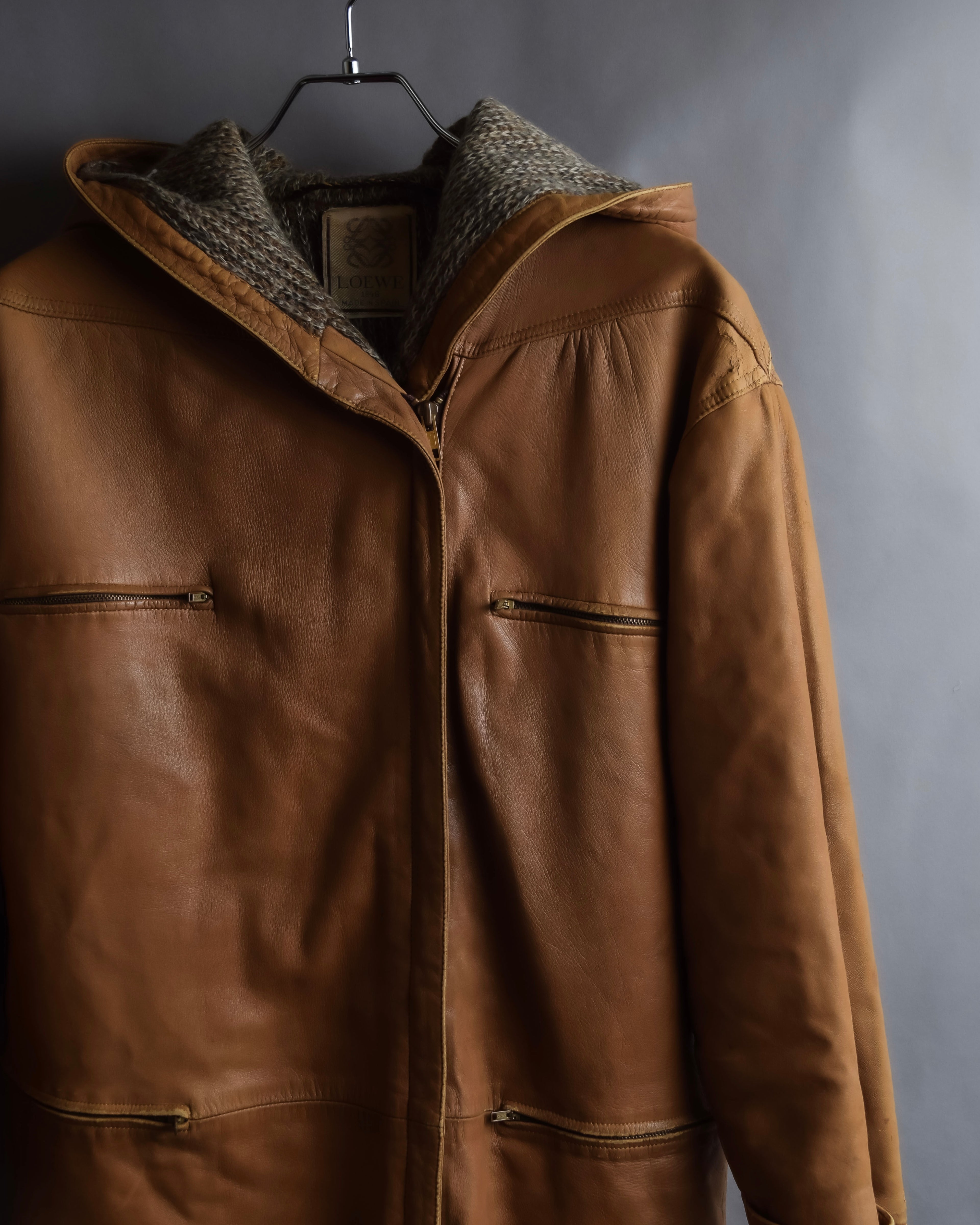 "LOEWE" 80-90's Vintage texture leather zip hoodie