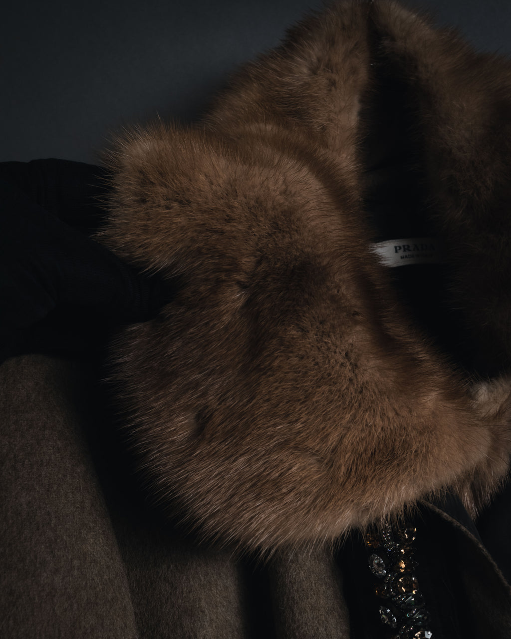 "PRADA" 90’s-00’s embellished fur-collar stretch tech coat
