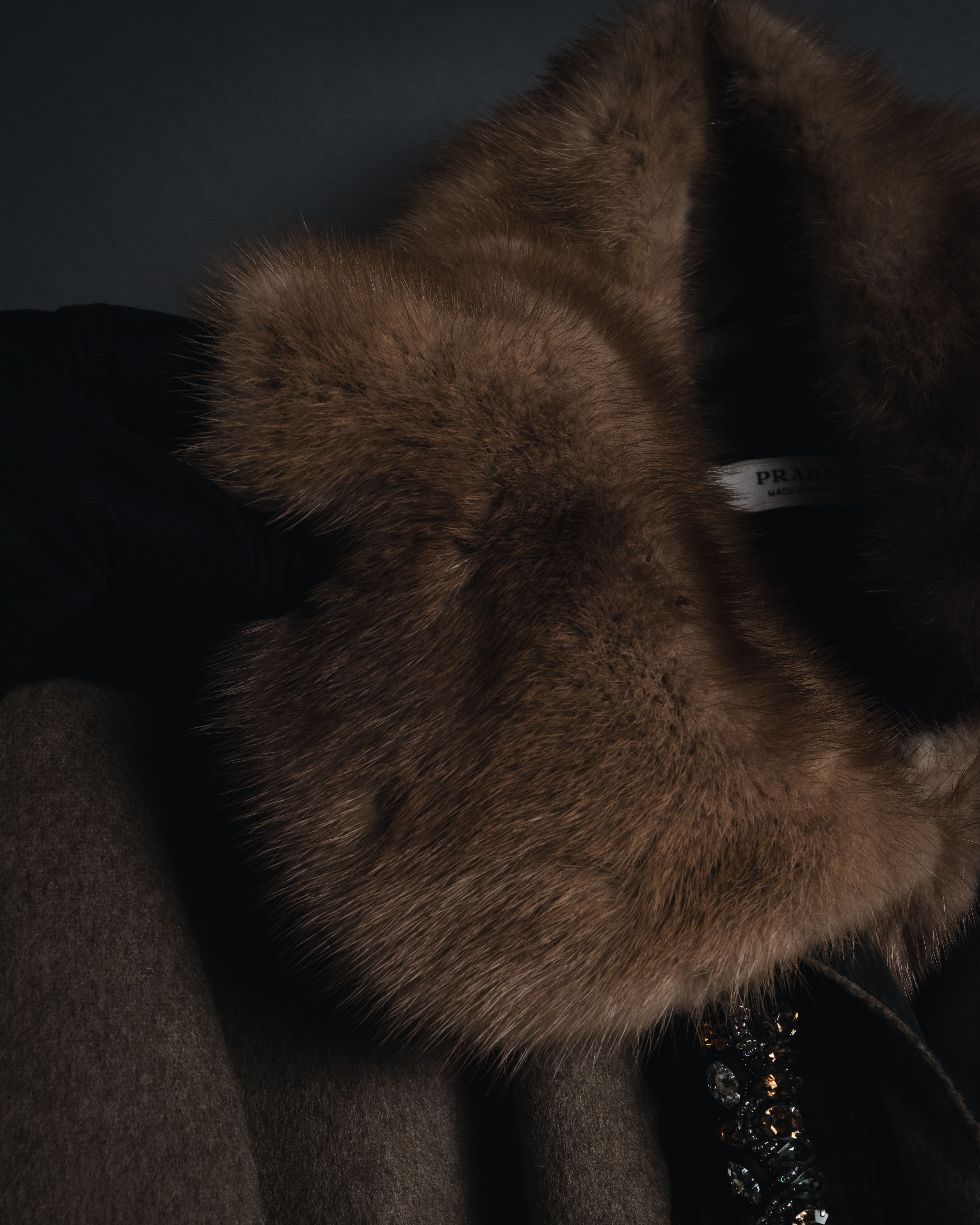 "PRADA" 90’s-00’s embellished fur-collar stretch tech coat