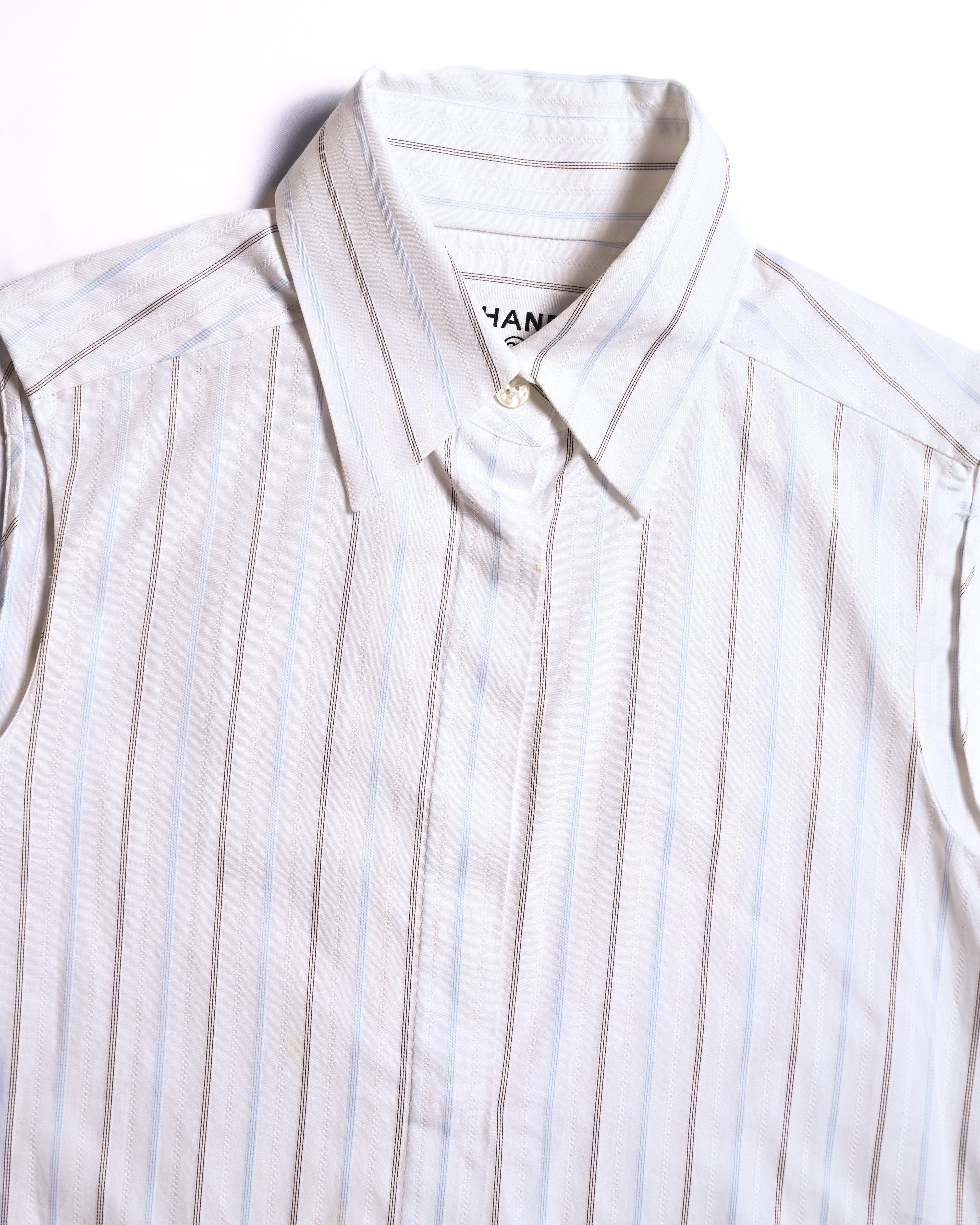 CHANEL/ 2003 Fly Front Design Striped No Sleeve Shirt White