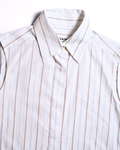 CHANEL/ 2003 Fly Front Design Striped No Sleeve Shirt White