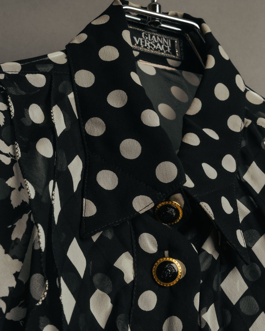 “GIANNI VERSACE COUTURE” 90’s Sheer mixed pattern ruffle blouse