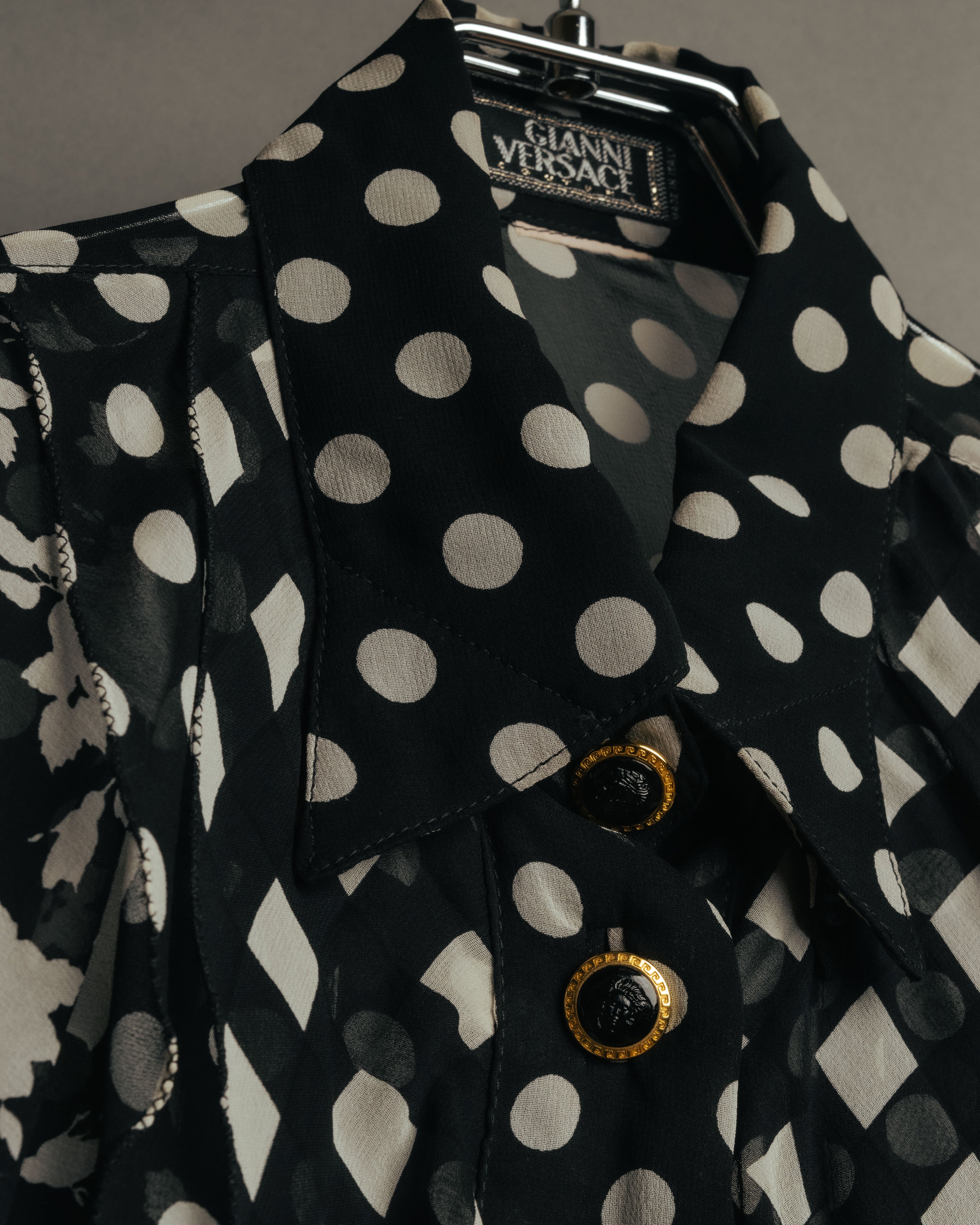 “GIANNI VERSACE COUTURE” 90’s Sheer mixed pattern ruffle blouse
