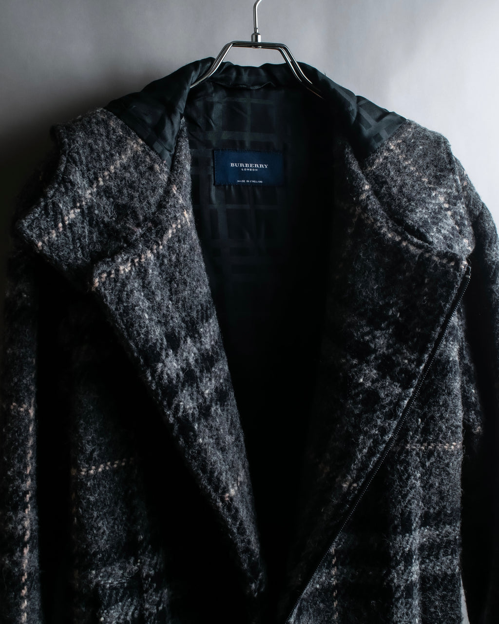 "BURBERRY" Check pattern double zipper hooded coat