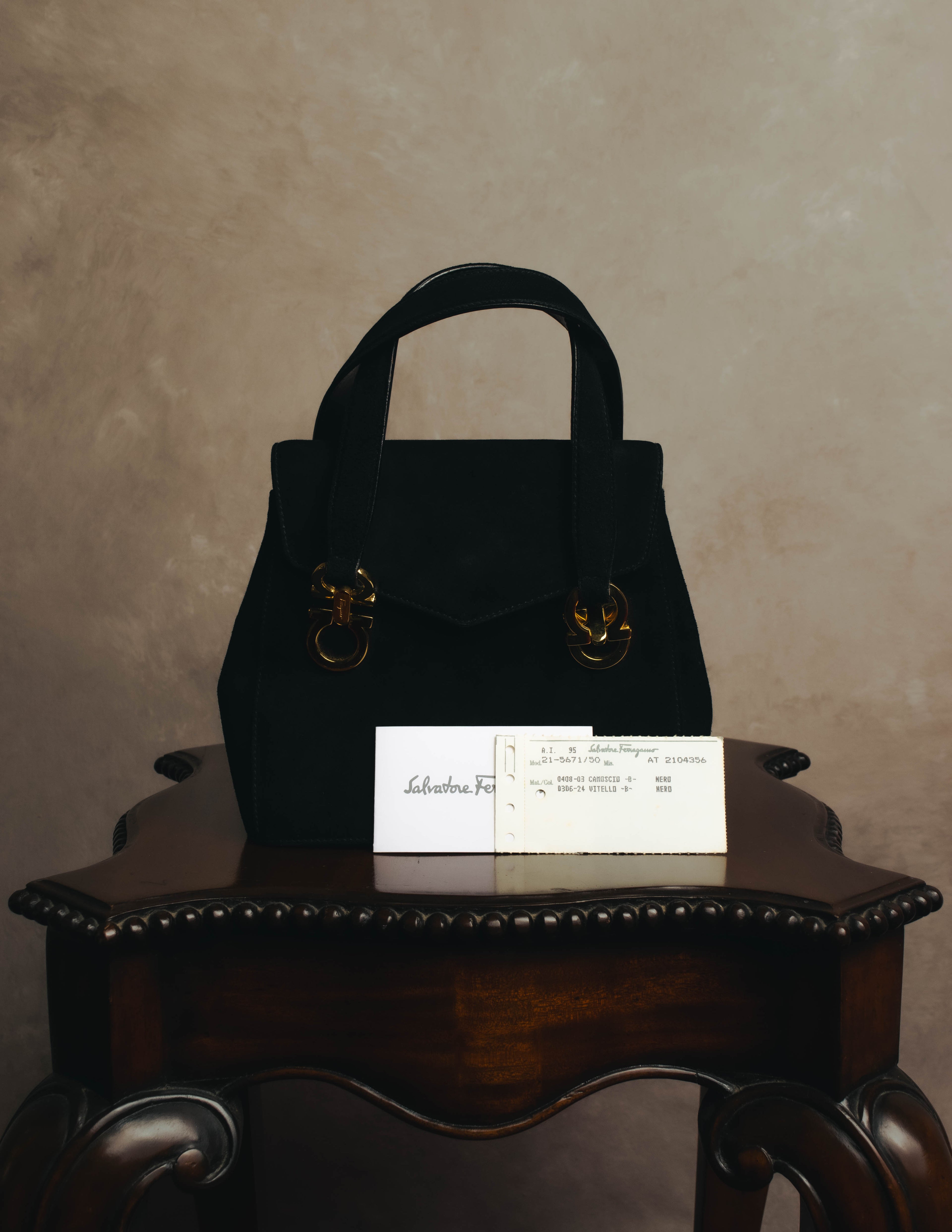 "Salvatore Ferragamo" 90's Black suede top handle handbag