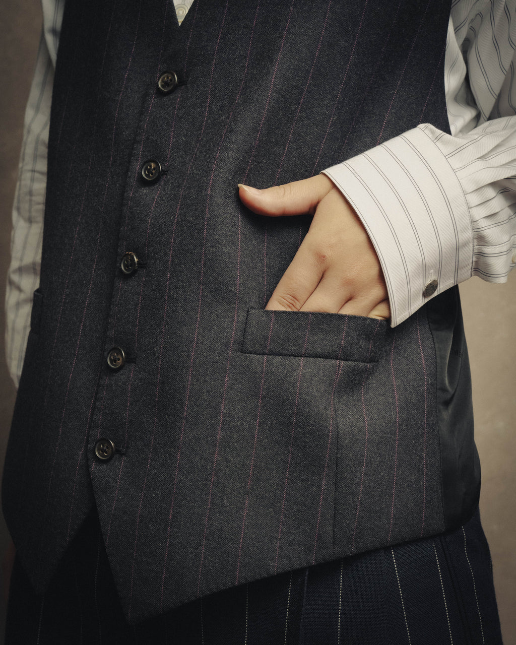-SPECIAL- “HERMES” 2007-2009 Super 100s pinstripe tailored long gilet