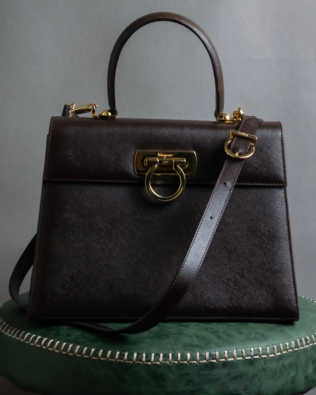 "Salvatore Ferragamo" Structured Gancini 2way dark brown leather bag