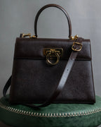 "Salvatore Ferragamo" Structured Gancini 2way dark brown leather bag