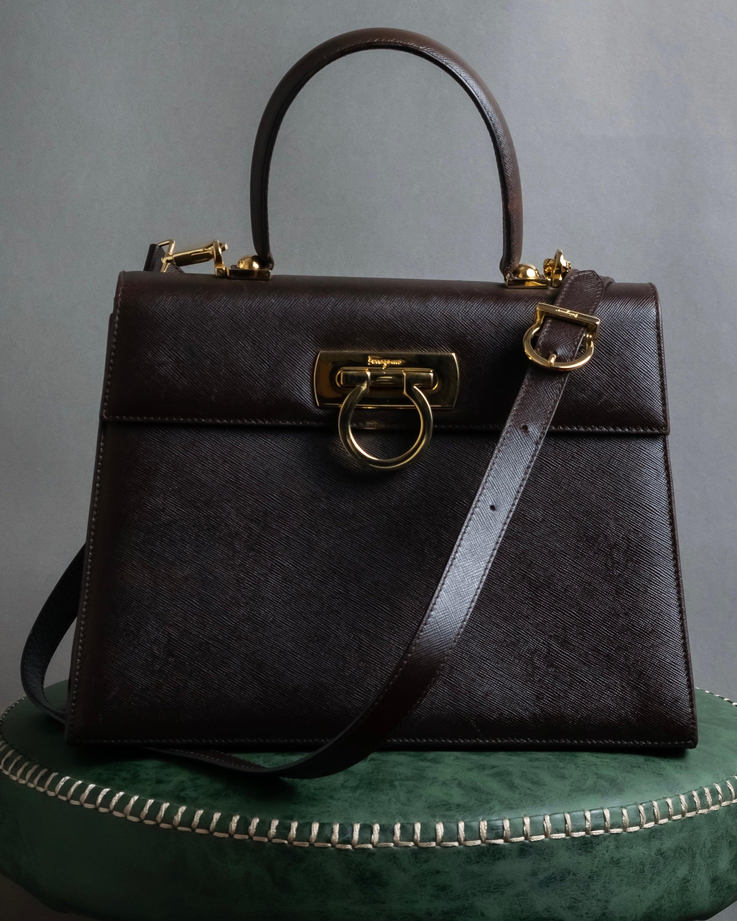"Salvatore Ferragamo" Structured Gancini 2way dark brown leather bag