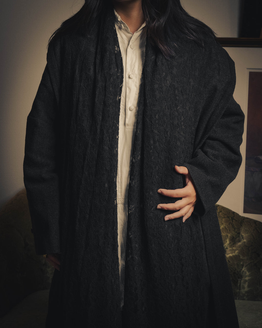 –SPECIAL– “DOLCE & GABBANA” 90’s Lace-trimmed shawl-collar wool robe coat